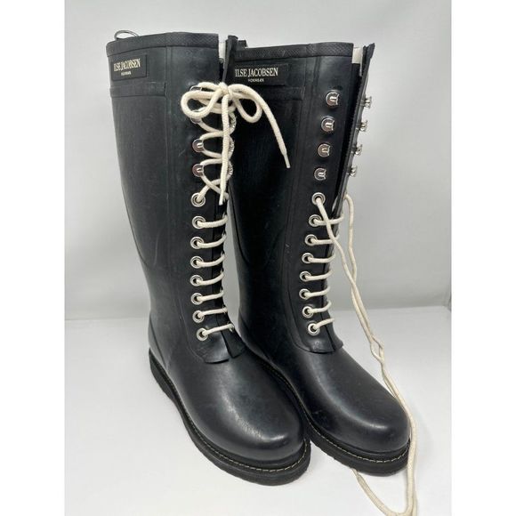 Ilse Jacobsen Shoes - Ilse Jacobsen Hornbaek Tall Rain Boots Black Rubber Ivory Laces US 6.5  Eu 37